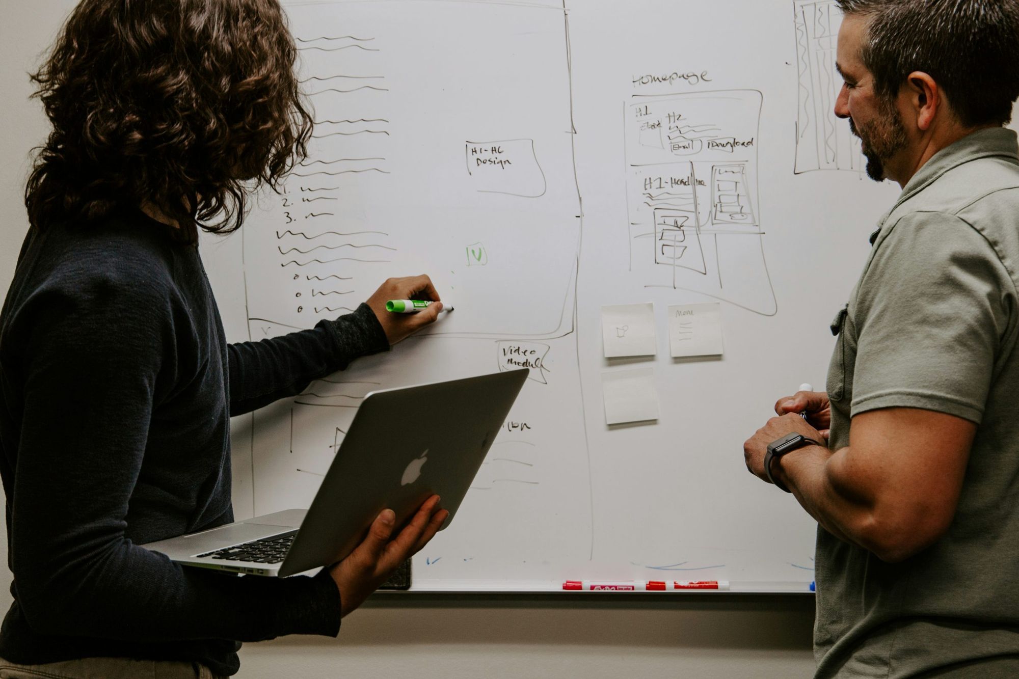 Duas pessoas planejando um projeto em um quadro branco