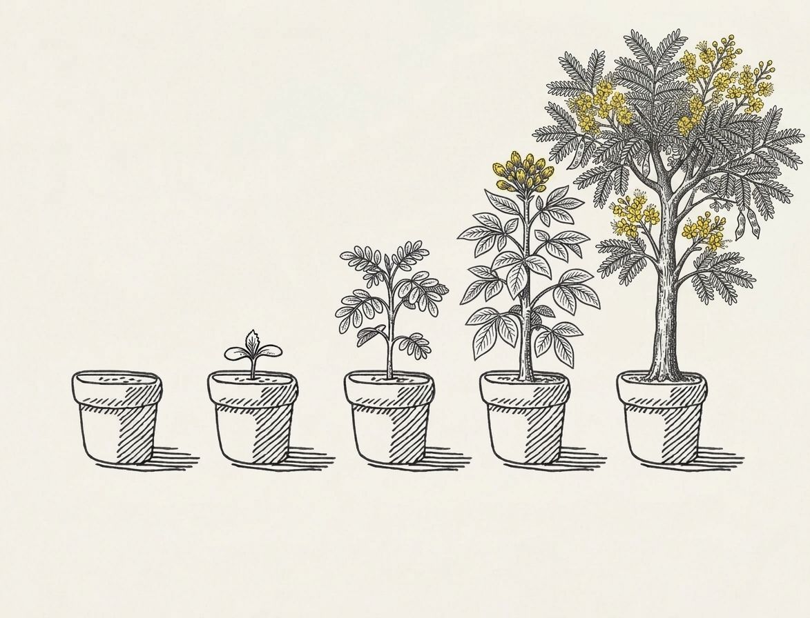 Ilustração de cinco vasos mostrando uma planta crescendo, da semente até uma árvore florida