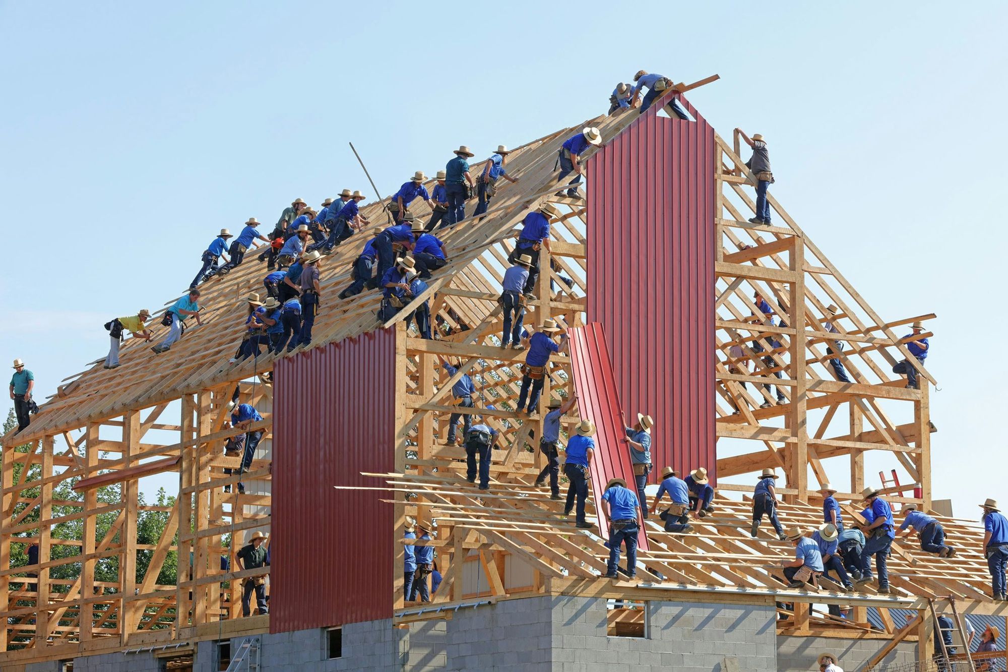 Equipe trabalhando junta na montagem da estrutura de madeira de uma construção
