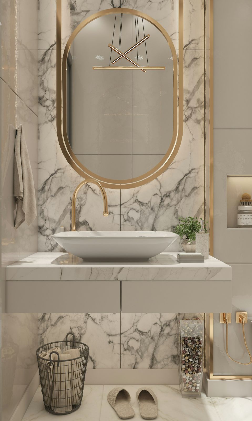 Lavabo de mármore branco com espelho dourado